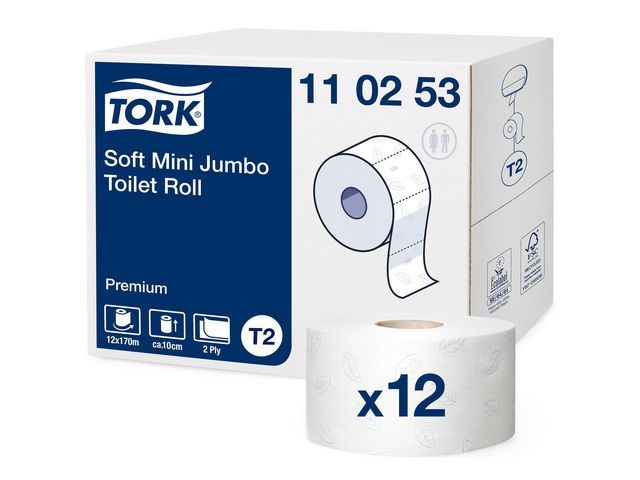Tork Premium Mini Jumbo Soft T2 jumborol toiletpapier, 2-laags 97 mm 1214 vel, reliu00ebf, wit (pak 12 x 850 vel)