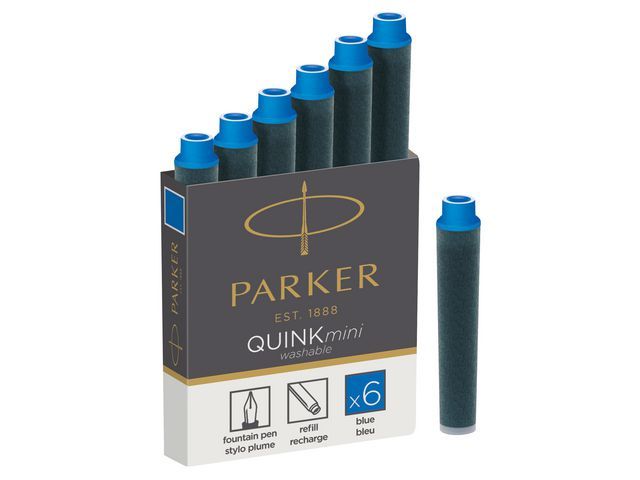 Parker Quink minivulpen inktpatroon, uitwasbaar, blauw (pak 6 stuks)